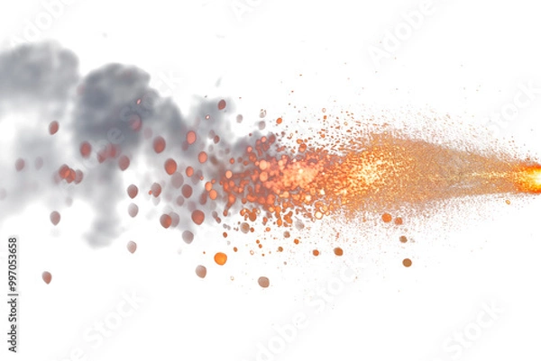 Fototapeta Close-up of a muzzle flash, side view, isolated on a white or transparent background. Fire from a gunshot. Bullet firing flame overlay, design element.