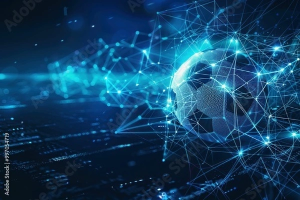 Fototapeta Futuristic soccer ball surrounded by digital connections and glowing lines on a dark background