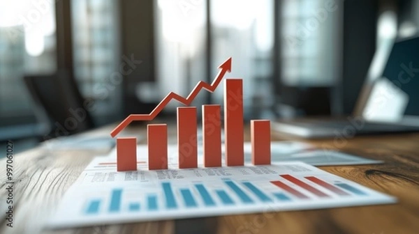 Obraz In a contemporary office, bold stacked bar graphs and red downward arrows illustrate a financial infographic, highlighting market trends and performance data