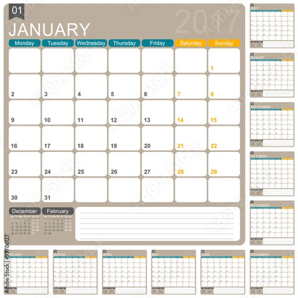 Obraz English calendar 2017 / week starts on Monday, vector illustration