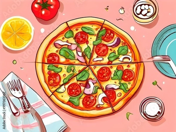 Fototapeta Delicious Pepperoni Pizza with Fresh Vegetables on Pink Background