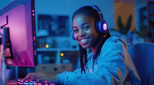 Fototapeta Jovem gamer negra jogando em computador com fones de ouvido, ambiente iluminado com luzes coloridas, criada com IA generativa.