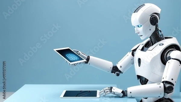 Fototapeta A humanoid robot interacts with a tablet, showcasing technology and innovation.