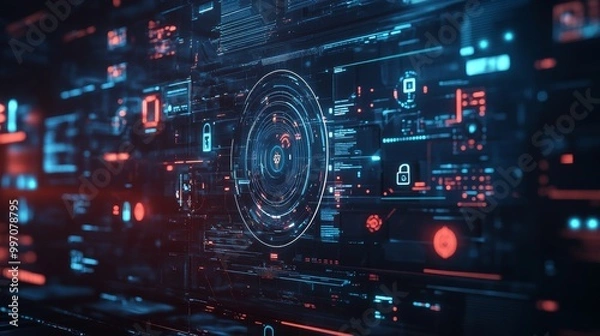 Obraz A dynamic cybersecurity interface showcases encryption data locks on a digital screen, highlighting advanced technology in a contemporary office environment