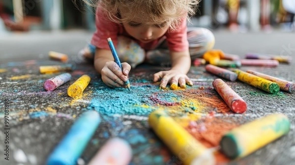 Fototapeta A young blonde child is sitting on the pavement, surrounded by multiple chalks and creating a colorful drawing. The messiness and vibrant colors reflect the joy of creativity.