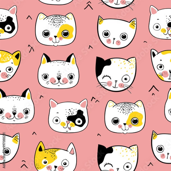 Fototapeta Seamless Pattern with Cartoon Cat Face Design