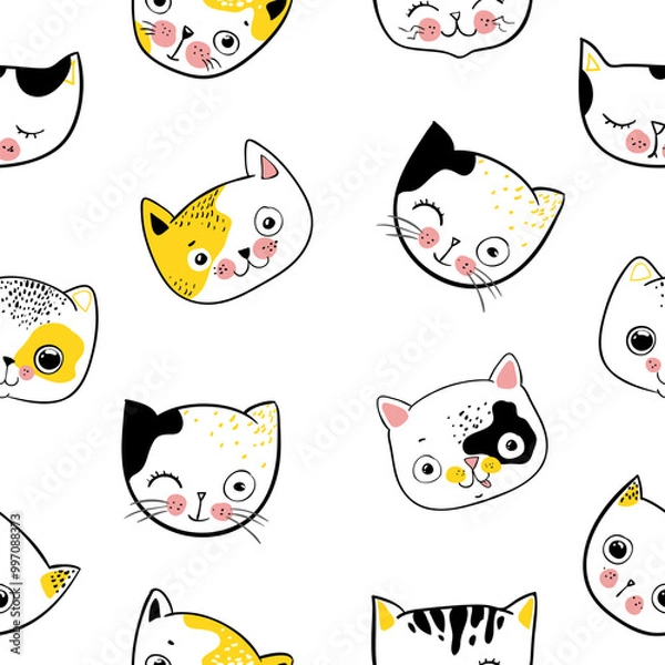 Fototapeta Seamless Pattern with Cartoon Cat Face Design