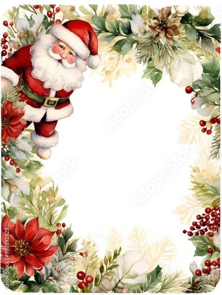Fototapeta Red and white Christmas card with a picture of Santa Claus on it