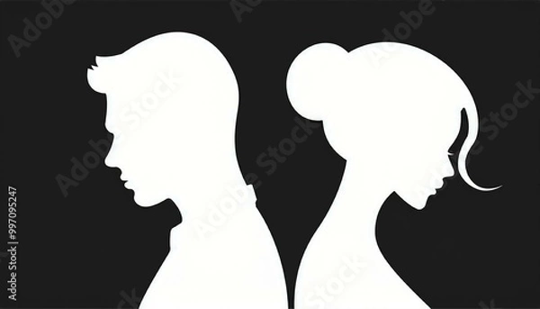Obraz Silhouetten von einem Mann und einer Frau, die nach einem Streit voneinander wegschauen.