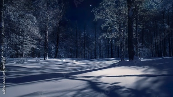 Fototapeta Silent forest with trees casting delicate shadows on the deep snow under a clear night sky.
