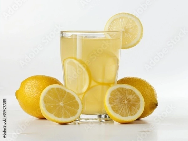 Fototapeta A clear glass of lemonade with lemon slices on a white background