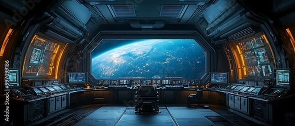 Obraz Futuristic Spaceship Interior with Earth View