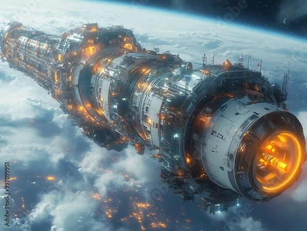 Obraz Futuristic Spaceship Orbiting Earth - Science Fiction Artwork