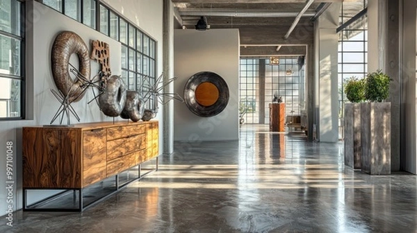 Obraz A trendy industrial entryway with a custom wooden console, metal sculptures, and a polished concrete floor under a high, vaulted ceiling