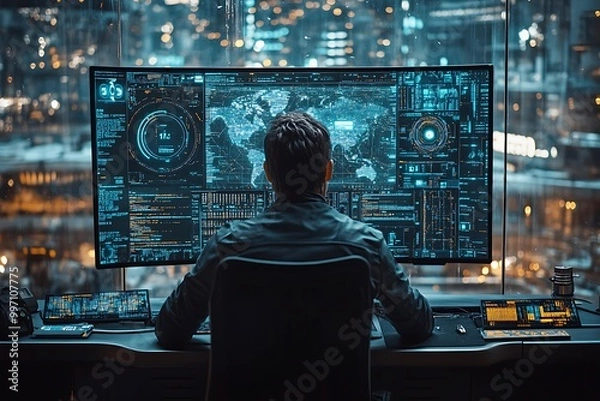 Obraz Cybersecurity Expert Monitoring Data in a Futuristic City