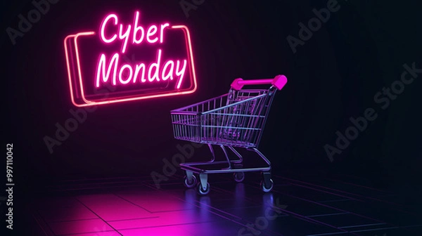 Fototapeta Cyber Monday, Neon shopping cart, Online shopping, Sales, Cyber offers, E commerce
Shopping from home, Cyber Monday banner