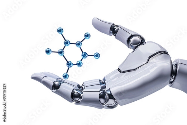 Obraz Robotic hand holding molecular structure isolated on transparent background.