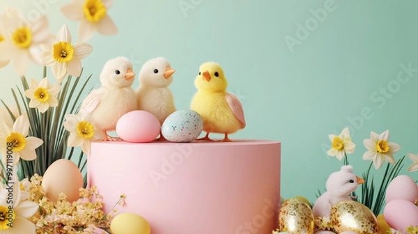 Obraz A podium surrounded by golden and pastel Easter eggs, fluffy chicks, and blooming daffodils, perfect for an Easter display.