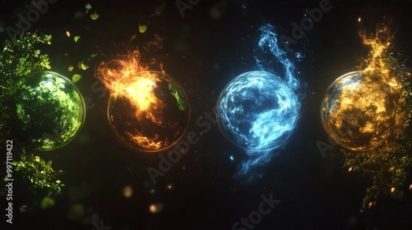 Fototapeta A captivating image visualizing the elements of nature with green for nature, red for fire, blue for water, and yellow for air in four separate orbs, illuminating against a dark background.