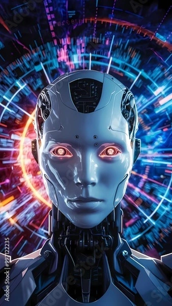 Fototapeta AI robot artificial intelligence technology circuits glowing eyes advanced neural networks data streams face
