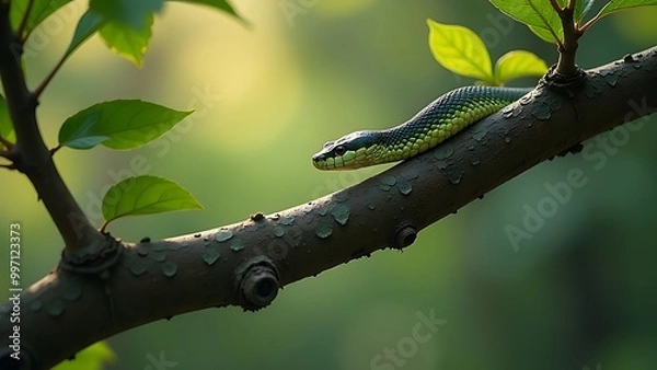 Fototapeta green snake on a tree