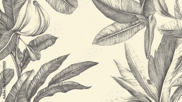 Fototapeta Hand-engraved tropical leaves with meticulous line work, featuring banana and palm leaves in a vintage botanical style, set against a light cream background.