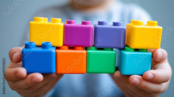 Fototapeta Close-up of colorful building blocks in a child's hands, ready for creative playtime. Perfect toy for developing fine motor skills and imagination.