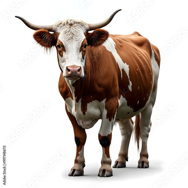 Fototapeta a white and brown cow bull cattle bovine with horns, isolated on a white background