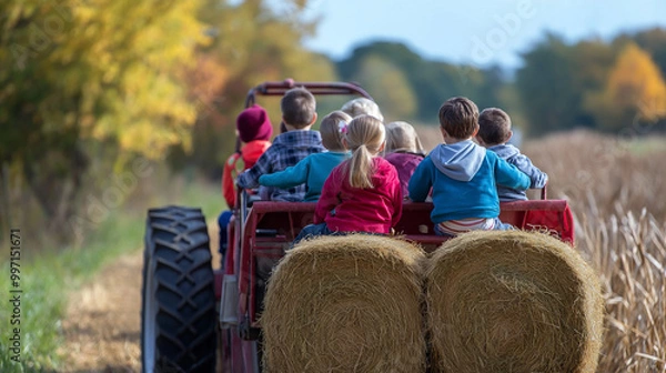 Fototapeta Group of children riding on a hay bale tractor during an outdoor farm adventure, having fun exploring nature and enjoying a countryside experience.