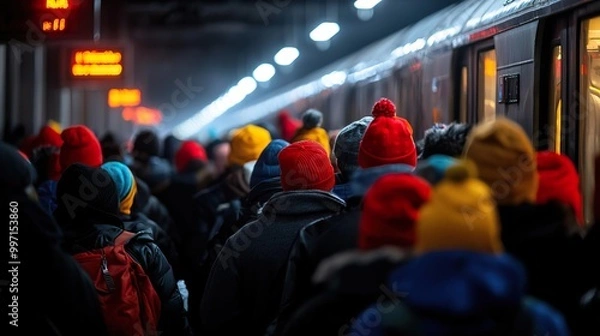Fototapeta Person wearing a face mask on a crowded subway