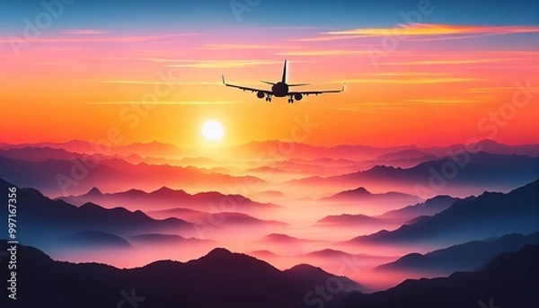 Fototapeta A plane glides through a vibrant sunrise, casting shadows on the mountain ridges below.