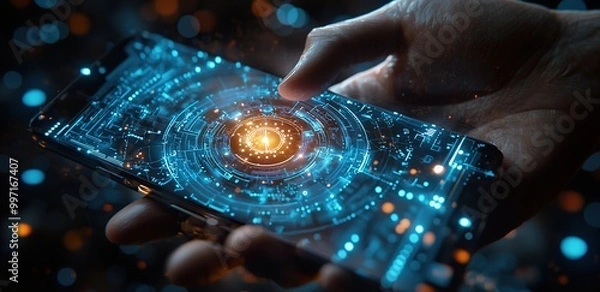 Fototapeta Close-up of a hand holding a smartphone with a futuristic interface.