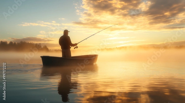 Obraz The silhouette of the fishing boat casting a long shadow on a calm lake at sunset. Serene fishing wallpaper, background, backdrop.