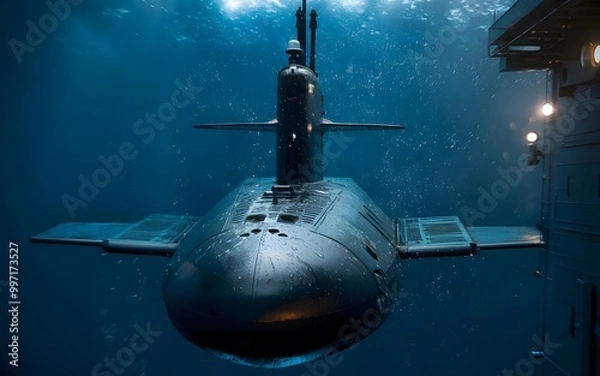 Fototapeta A photo of a military submarine diving underwater. The submarine is submerged in the ocean, leaving only a small bubble trail on the surface 