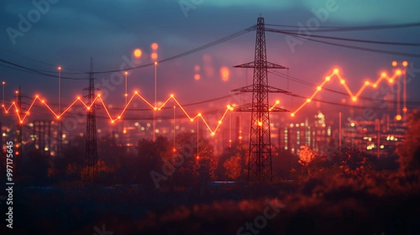 Obraz Power line with price red chart. Rising electricity bill. Rising energy price, electricity price growth, Red energy crisis background, backdrop.