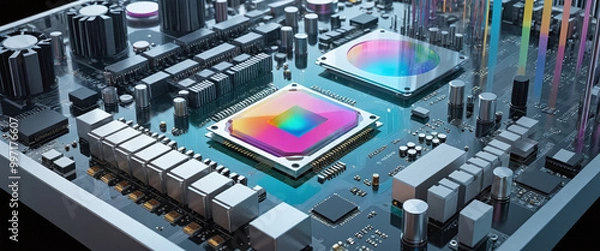 Fototapeta Illustrative color illustration of a close-up of a computer processor or printed circuit board with a high performance chip for fast calculation of binary processes