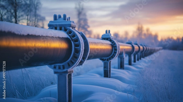 Obraz An oil pipeline stretching across a snowy arctic land for transporting oil