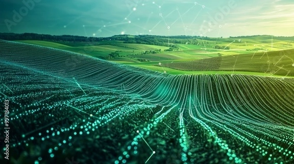 Obraz Futuristic AI Crop Analysis and Yield Prediction System in Vibrant Landscape