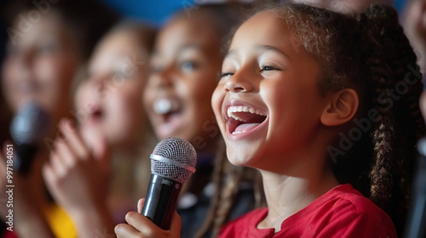 Fototapeta Group of children enthusiastically singing into a microphone during a performance, expressing joy and excitement on stage.