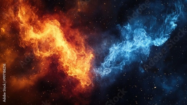 Fototapeta Abstract fire and ice elements floating in cosmic space, creating a striking visual perfect for inspiring digital art and design projects