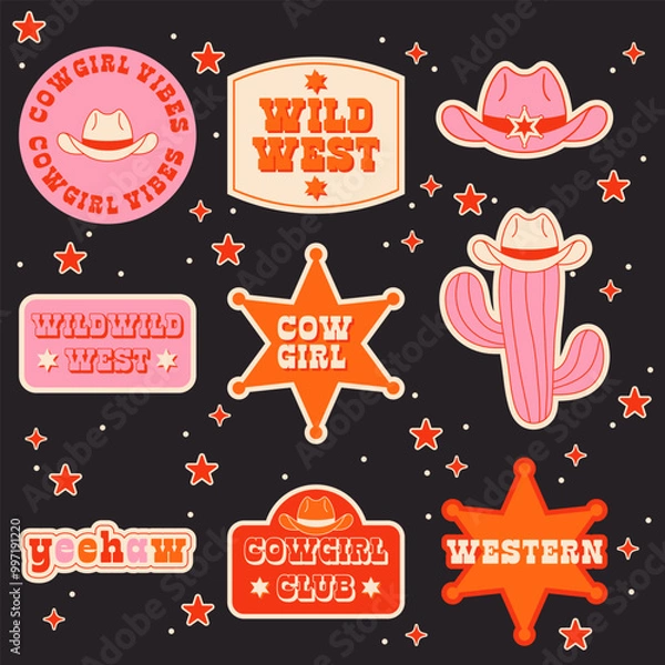 Fototapeta Set of Cowgirl Stickers. Vector Design Elements. Collection of Cowgirl. Wild West, Western Themed, Y2K.