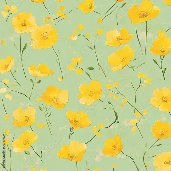 Fototapeta Small flat buttercups in vibrant yellow, scattered across a soft pastel green background, creating a cheerful and fresh floral design.
