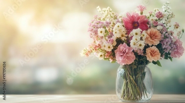 Fototapeta The vibrant bouquet features various flowers in a clear vase, enhancing the lightwood table with its cheerful colors and natural beauty. Generative AI