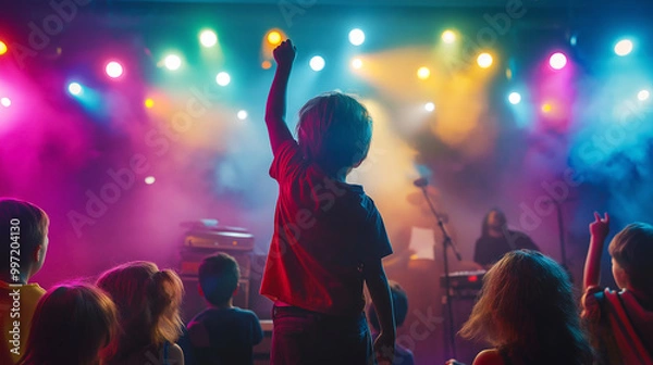 Fototapeta Children enjoying a vibrant concert with colorful lights, dancing and cheering, fully immersed in the music and energetic atmosphere of the live performance.