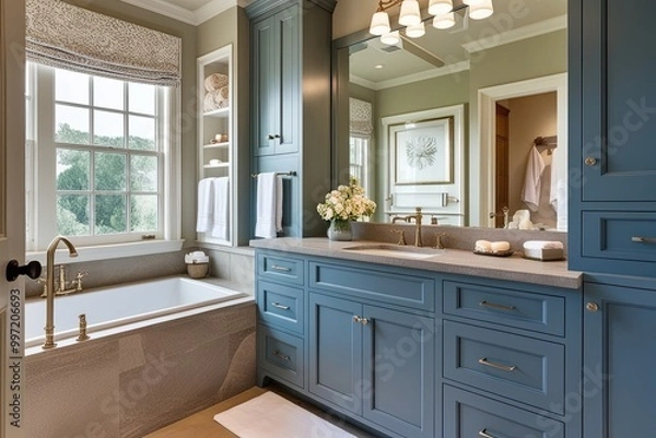 Fototapeta Elegant Traditional Bathroom Style Featuring Soft Blue Cabinets and Natural Stone Sink