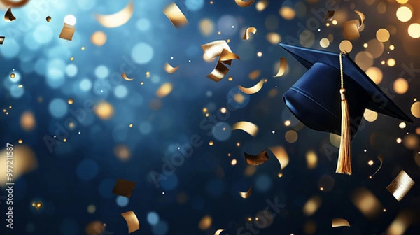 Obraz Blue background illustration with bokeh colorful shiny gold confetti and graduation cap, copy space. College university degree diploma achievement celebration, congratulations, award, academy banner