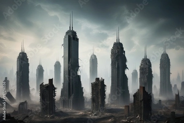 Fototapeta Ensemble of Devastated Skyscrapers Amidst an Ethereal Backdrop
