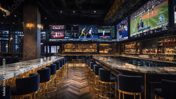 Obraz A sophisticated sports bar with marble tops, velvet bar stools, and gold sports memorabilia Multiple screens display sports events in a high-end environment