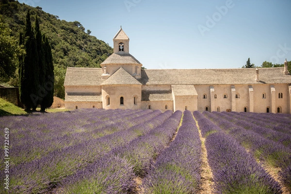 Fototapeta Low angle view of the Abbaye Notre-Dame de Senanque and a lavender field partially obstructed by a stone wall on the foreground under a blue sky in a sunny summerday near the village of Gordes, France