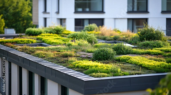 Obraz An image of a green roof on an urban building contributing to sustainability and environmental benefits.